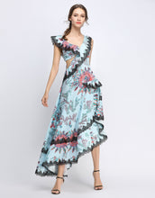 Load image into Gallery viewer, Blue Floral Off-The Shoulder Lace Cascade Dress