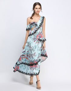 Blue Floral Off-The Shoulder Lace Cascade Dress