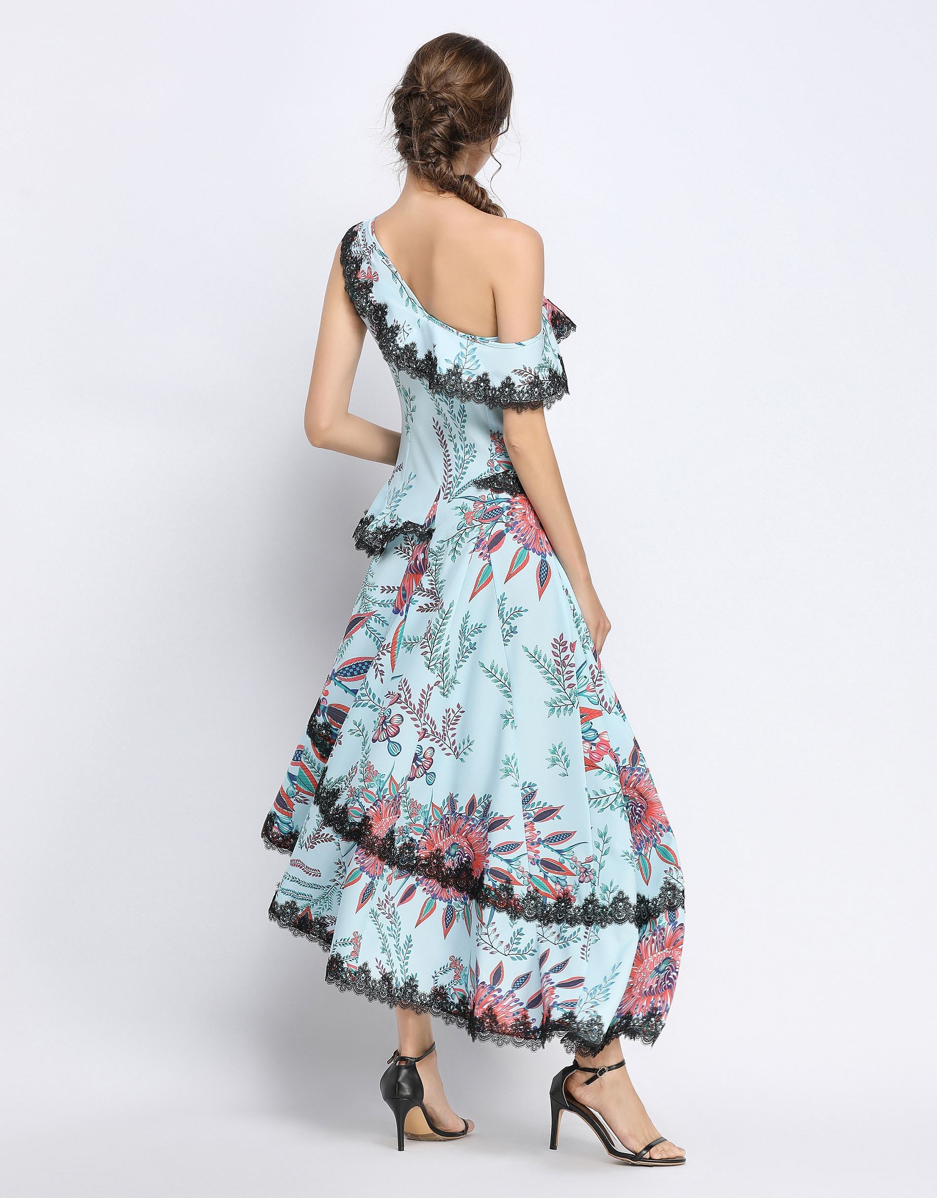Blue Floral Off The Shoulder Lace Cascade Dress