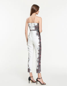 White Bandeau Floral Iron Work Print Jumpsuit