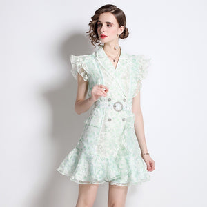 Delicate mint and white mini dress frill mini dress with belt