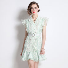 Load image into Gallery viewer, Delicate mint and white mini dress frill mini dress with belt