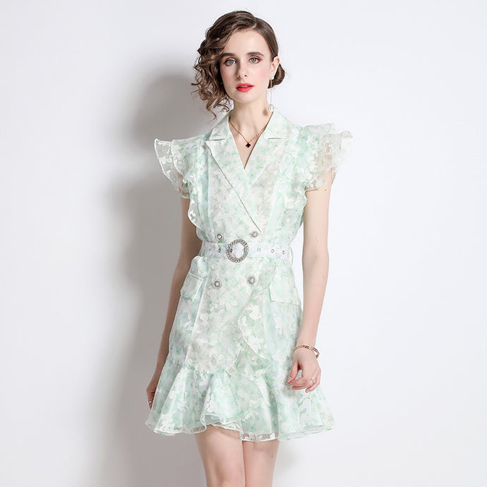 Delicate mint and white mini dress frill mini dress with belt