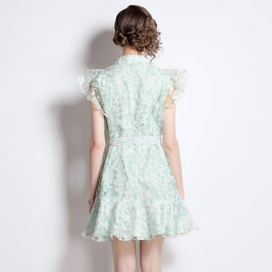 Delicate mint and white mini dress frill mini dress with belt