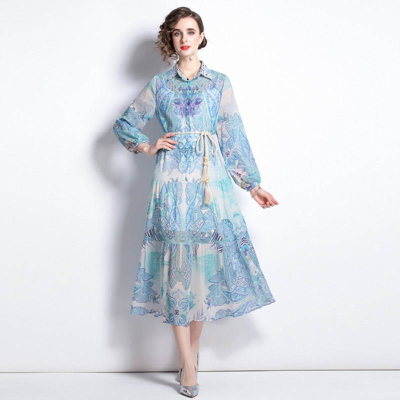 Powdery blue jungle vision midi dress with belt