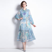 Load image into Gallery viewer, Powdery blue jungle vision midi dress with belt