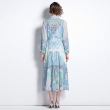Load image into Gallery viewer, Powdery blue jungle vision midi dress with belt