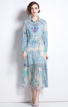 Load image into Gallery viewer, Powdery blue jungle vision midi dress with belt