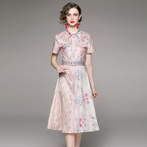 Light pink floral patchwork midi dress with belt