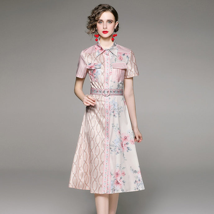 Light pink floral patchwork midi dress with belt