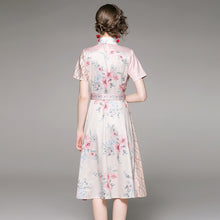 Load image into Gallery viewer, Light pink floral patchwork midi dress with belt
