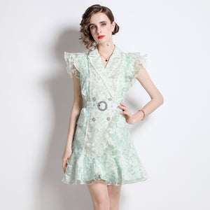 Delicate mint and white mini dress frill mini dress with belt
