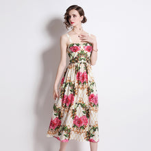 Load image into Gallery viewer, Square neck rose &amp; criss cross white midi dress