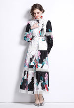 Load image into Gallery viewer, Black and white pop of colour flowers midi dress with belt