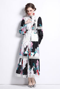 Black and white pop of colour flowers midi dress with belt