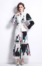 Load image into Gallery viewer, Black and white pop of colour flowers midi dress with belt