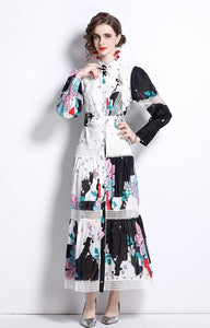 Black and white pop of colour flowers midi dress with belt