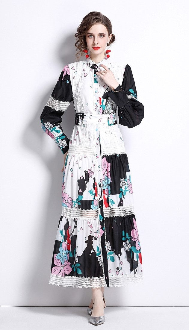 Black and white pop of colour flowers midi dress with belt