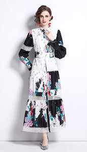 Black and white pop of colour flowers midi dress with belt