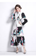 Load image into Gallery viewer, Black and white pop of colour flowers midi dress with belt