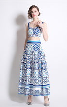 Load image into Gallery viewer, Blue decorative tile bralette and maxi skirt