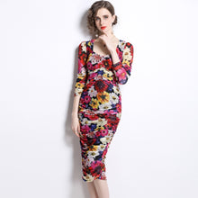 Load image into Gallery viewer, Ruched 3/4 sleeve dress in deep rich floral print