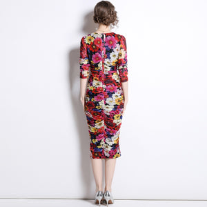 Ruched 3/4 sleeve dress in deep rich floral print