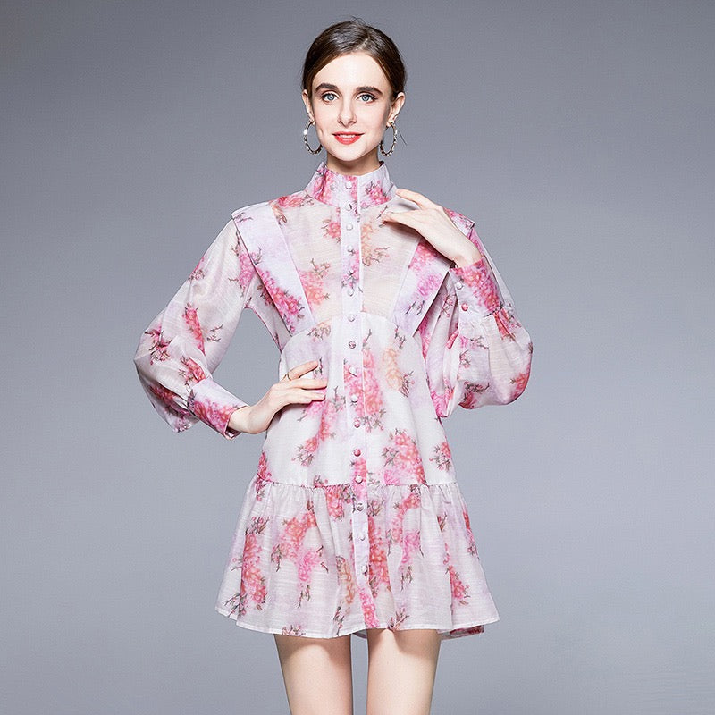 Red & pink flowers high neck mini dress
