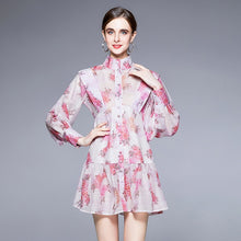 Load image into Gallery viewer, Red &amp; pink flowers high neck mini dress