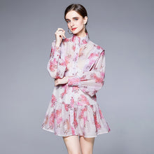 Load image into Gallery viewer, Red &amp; pink flowers high neck mini dress