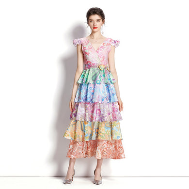 Pastel printed multi tiered midi dress