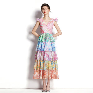Pastel printed multi tiered midi dress