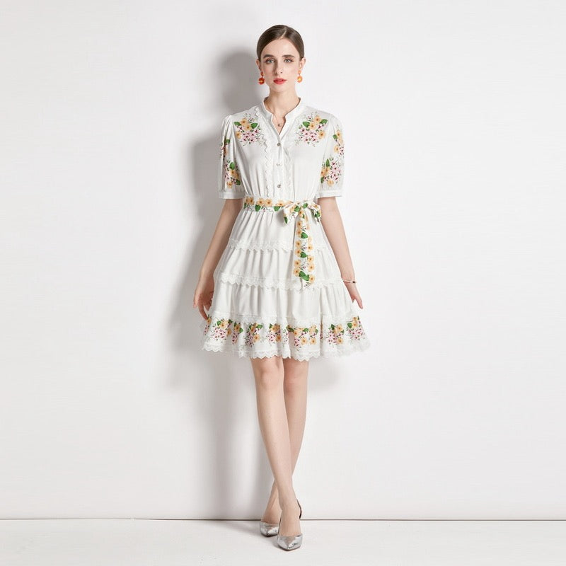 Peach & pink tiny flower mini dress with belt