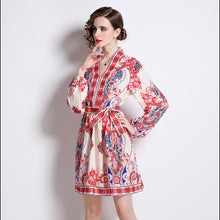 Load image into Gallery viewer, Powerful in paisley v neck mini dress with belt