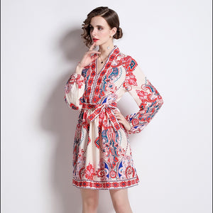 Powerful in paisley v neck mini dress with belt