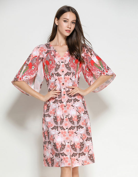 flamingo pink printed dress sample sale