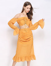 Load image into Gallery viewer, Mustard polka dot bardot set *WAS £135*