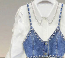 Load image into Gallery viewer, White shirt dress with denim &amp; pearl bralette set