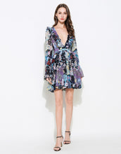 Load image into Gallery viewer, Blue Kaleidoscope plunge mini dress with bell sleeves