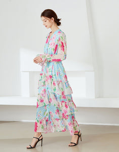 Vivid floral maxi dress with belt