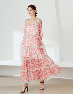Red smudge pattern ruffle maxi dress