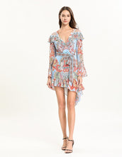 Load image into Gallery viewer, Light blue multi tile patterned mini dress with cut out shoulder.
