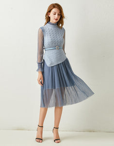 Dainty Blue knitted vest and Sheer pleated dress *WAS £75*