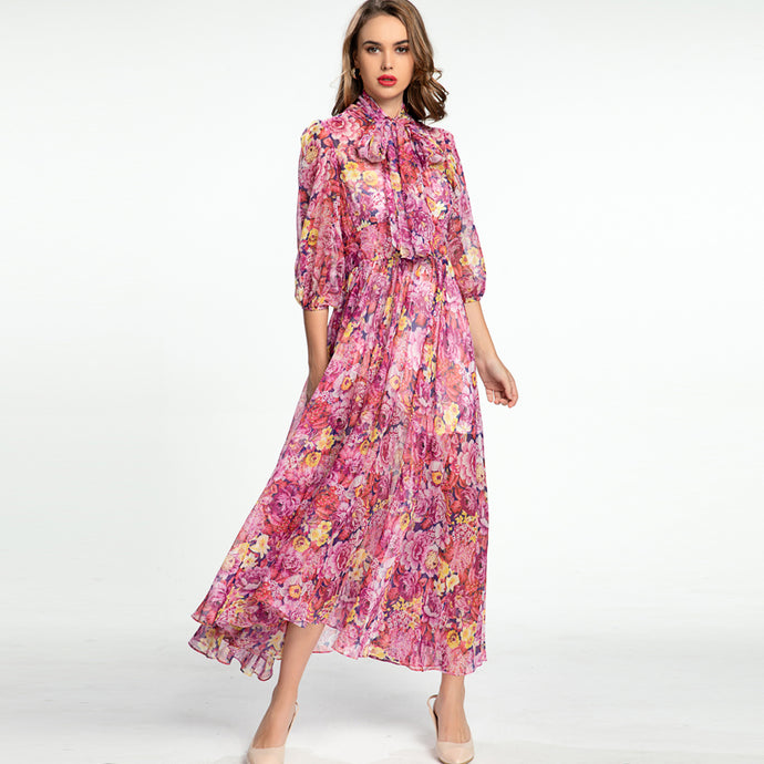 Flaunting flowers midi dress with bow tie