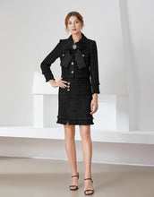 Load image into Gallery viewer, Black tweed two piece with bow and brooch