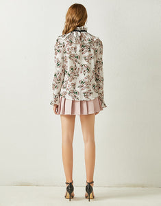 Floral Ruffle high neck chiffon top and pleated mini skirt