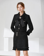 Load image into Gallery viewer, Black tweed two piece with bow and brooch
