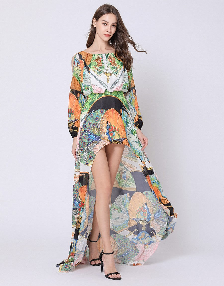 Orange Peacock fantasy dip hem dress