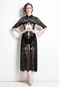 Black lace floral detail layered dress