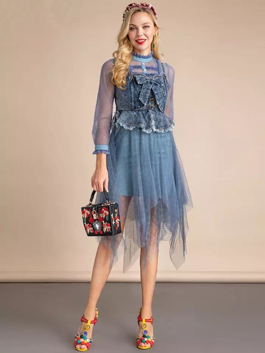 Blue denim bralette tulle dress